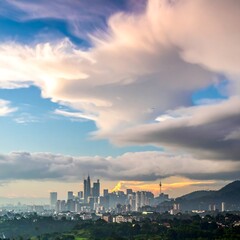 Fototapeta premium A scenic urban panorama, capturing a city skyline with modern architecture beneath a dramatic, cloudy sky