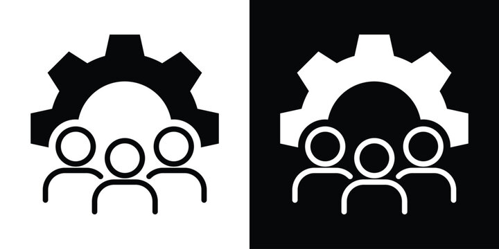 Vector icons of a group of three people behind a large gear. Symbolizes workforce management, technical teamwork, industrial human resources, and business operations integration.