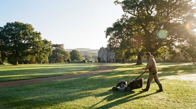 caucasian man mowing large green lawn with lawnmower near grand country house at sunrise. landscaping, estate maintenance concept. copyspace. banner, website header.