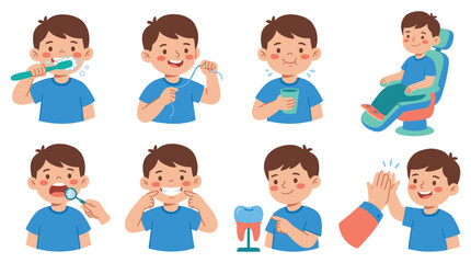 Fototapeta premium Cartoon Boy Character Set Illustrating Dental Care, Healthcare, and Oral Hygiene Activities Collection