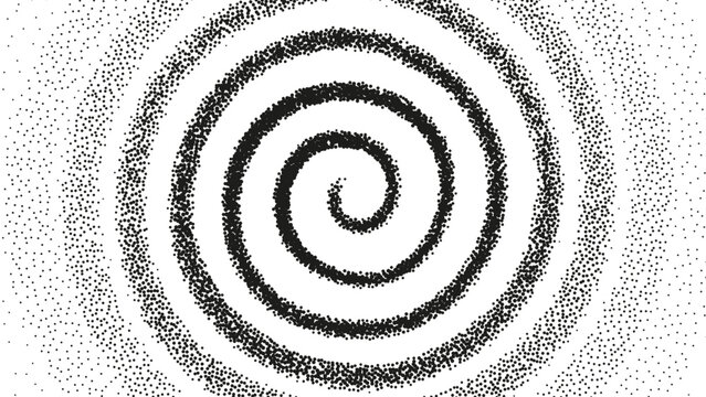Abstract grainy gradient vortex flow. Vector gritty spiral with optical illusion. Tunnel with black stipple texture effect. Swirl of gritty pattern made by black dots or particles with stipple effect.
