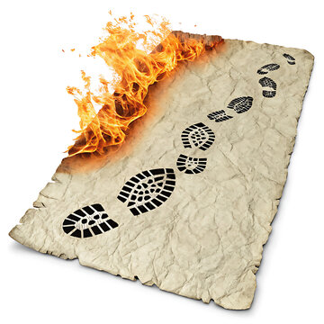 A single textured piece of old parchment paper with a burning edge and a dark boot print mark