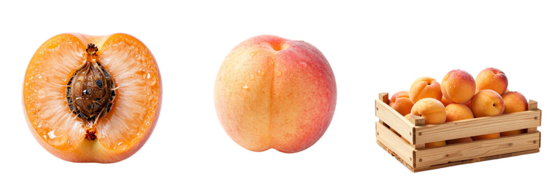 Fresh peaches arranged on a white background, featuring a whole peach, a halved peach with a visible pit, and a wooden crate filled with additional peaches