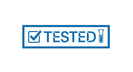 Obraz premium Blue tested stamp logo with checkbox and test tube on transparent background