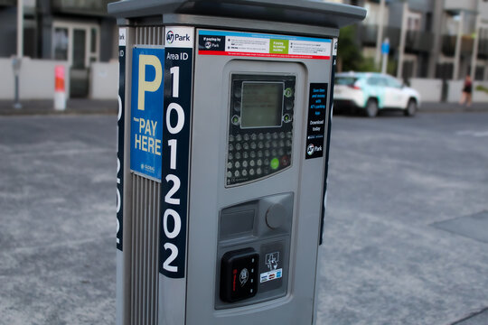 Auckland, New Zealand - March 4. 2026: An Auckland Transport parking kiosk used for paying parking fees. It uses a "pay-by-plate" system. For Editorial Use Only.