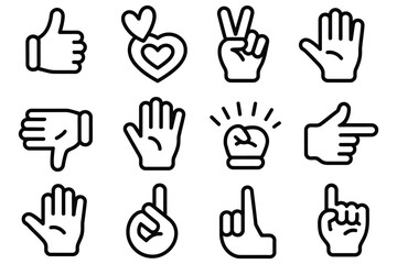 Fototapeta premium hand gesture icon set outline style, including thumbs up, thumbs down, finger heart, peace sign, raised palm, fist bump, pointing finger, OK sign, clap hands, and clenched fist, vector illustration