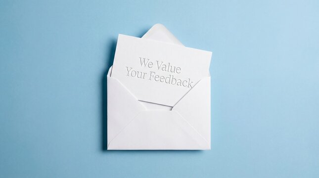 white envelope with we value your feedback text on card over blue background. customer satisfaction survey, client communication concept. copyspace, banner, website header.