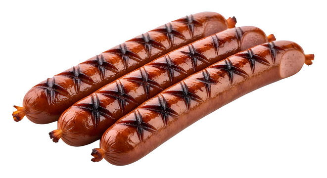 Grilled sausages with crosshatched pattern on transparent background