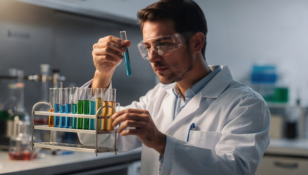 Focused male scientist in protective eyewear and lab coat examines a test tube with blue liquid, working with multiple colorful chemical solutions in a laboratory setting
