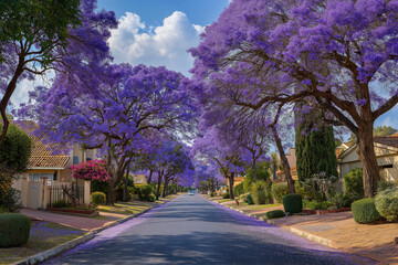 Fototapeta premium Jacaranda-Lined Street in Full Bloom with Purple Canopy and Urban Landscape in South Africa