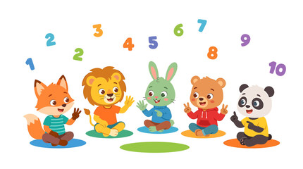 Obraz premium Cute cartoon animals with numbers, educational concept for kids, learning math