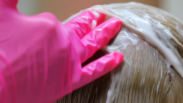 Blonde Hair Undergoes Uniform Bleaching Procedure. Professional Stylist Uses Gloves To Bleach Hair Evenly