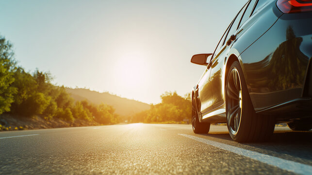 realistic commercial photo of a generic car driving on a clear highway, low angle motion blur of suv traveling toward bright sunset, high speed automotive journey on open road through mountains