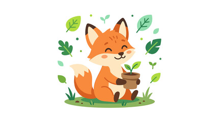 Fototapeta premium Cute cartoon fox holding a potted plant, surrounded by green leaves and grass