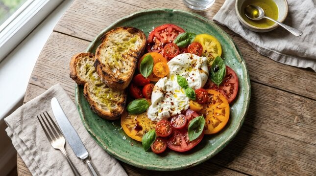 Fresh Caprese salad with burrata cheese and grilled bread on a rustic table