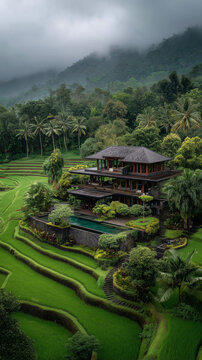 modern tropical villa embedded in rice terraces, dark wood and stone architecture, built into lush green rice fields
