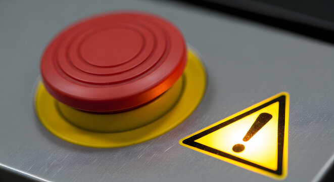 Close-up of red emergency stop button with warning sign