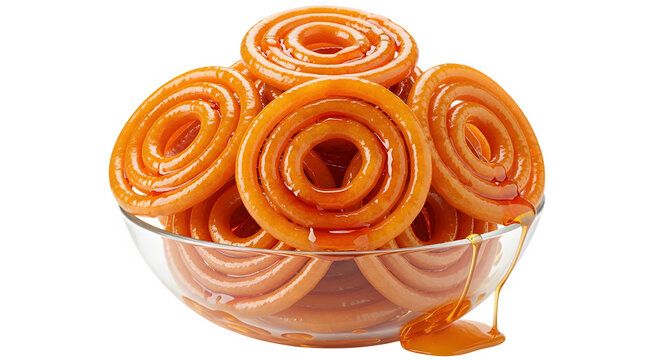 A bowl of sweet, spiral-shaped Indian dessert jalebi on transparent background. on transparent background
