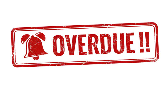 Red overdue stamp with bell icon on transparent background