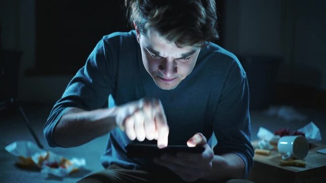 oung Man Aggressively Using a Smartphone in a Dark Room, Concept of Online Addiction and Digital Anger