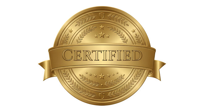 Shiny gold certified badge with laurel wreath and stars on transparent background