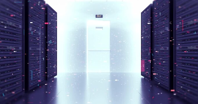 Cloud computing hardware with servers and central AI processing unit. Technology Related 3D Animation.