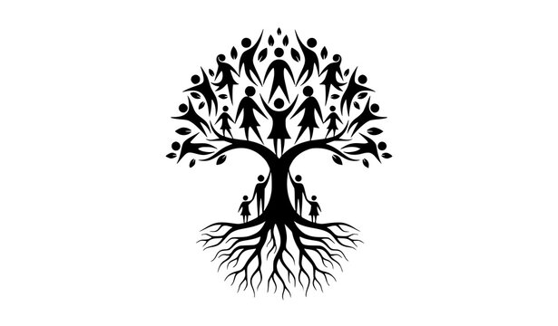 Tree of life with human figures forming branches symbol of family connection community and growth vector logo isolated