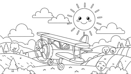 Vector CAD design of a smiling sun above a biplane in a landscape © Stock Image Paradise