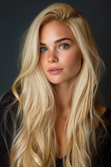 Naklejka premium clean blonde influencer portrait with cinematic studio lighting, young female model with blue eyes and long styled hair in modern photoshoot, fashionable social media influencer 