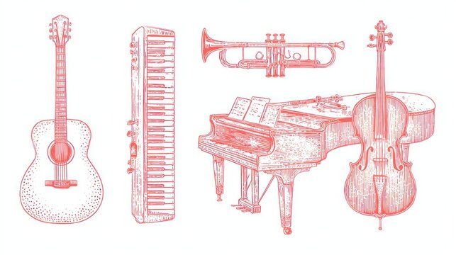 Red hued musical instruments, guitar, keyboard, trumpet, piano, cello, on a white background