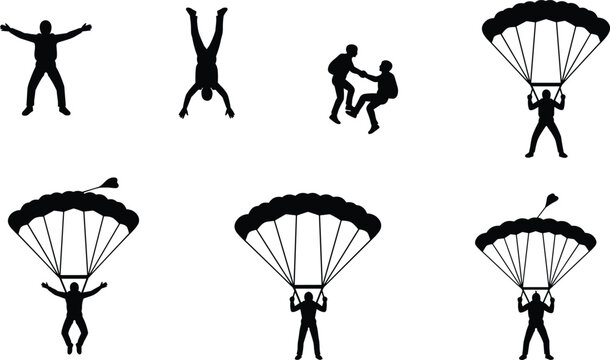 Six skydiver silhouettes in free fall and parachute descent, extreme sport illustration, skydiving stages, adventure concept, controlled aerial movement drawing