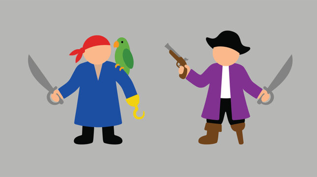 Two cartoon pirates with swords standing.
