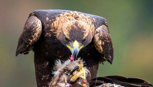 Fierce golden eagle with outstretched wings perched upon its prey, looking downward intently