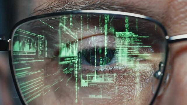 Close up of a human eye reflecting green binary code through eyeglasses reflection