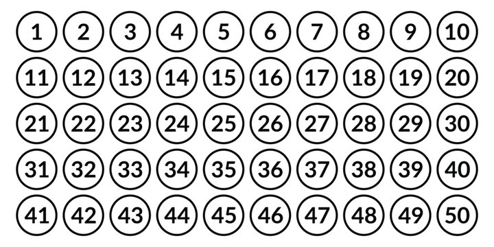 set of abstract 1 to 50 number icon design. typography 1 to 50 numbers icon in black outline circle. set of 1 to 50 bullet point number symbol. vector illustration.