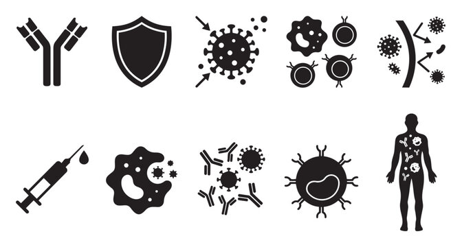 A collection of black and white vector icons representing immunology, viruses, antibodies, immunity, and medical concepts like vaccination and cell defense.