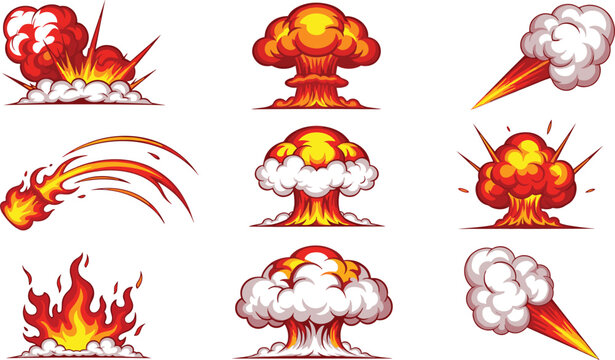 Collection of Explosive Fire and Smoke Effects with Mushroom Clouds and Fireballs for Action, Impact, and Graphic Design Projects