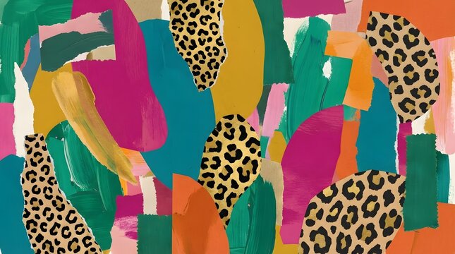 Vibrant abstract collage featuring bold brush strokes torn paper elements and leopard print patterns in a dynamic color palette