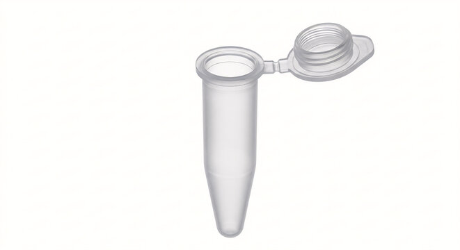 Macro of an open 1.5ml microcentrifuge tube. Translucent polypropylene with a matte finish and hinged cap. No markings. Isolated on a pure white background.