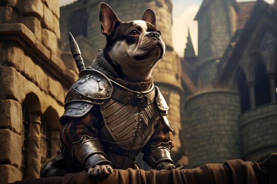 French bulldog in knight armor looking up, ready for a medieval quest against a castle backdrop