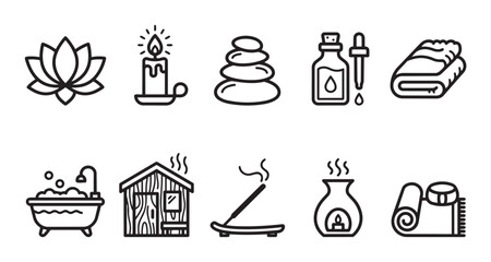 Fototapeta premium A clean, line-art vector icon set featuring elements for spa, massage, and relaxation, including a massage table, hot stones, bath, and aromatherapy diffuser.