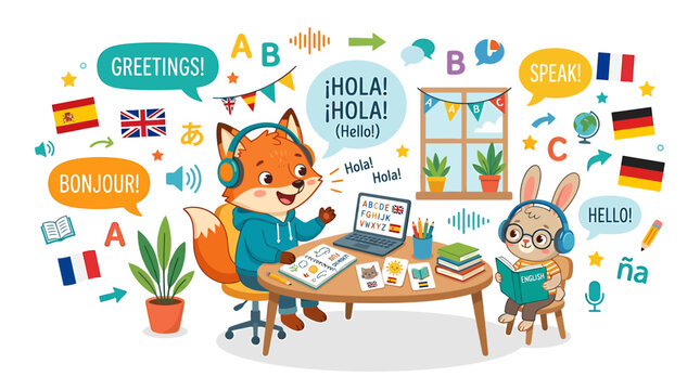 Cute fox and rabbit learning languages online with computer and books