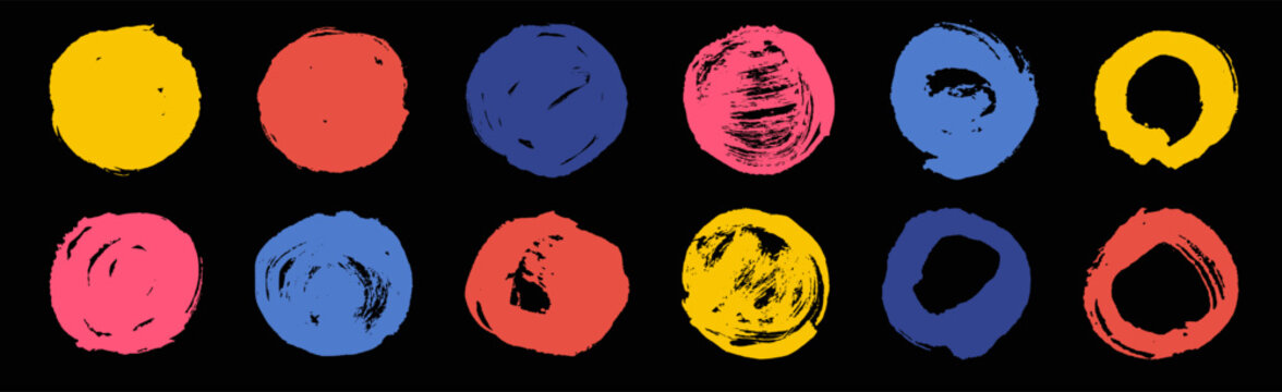 Brush paint stroke circle  background. Watercolor round shape elements. Circular vector frame label set. Grunge texture ink dot stain edge. Color border graphic. Swirl line box shape. Isolated minimal