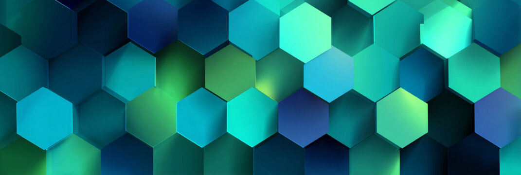 modern hexagonal geometric background with glowing gradients, abstract hexagon pattern in blue teal and green, futuristic geometric hexagon grid with luminous depth and gradients