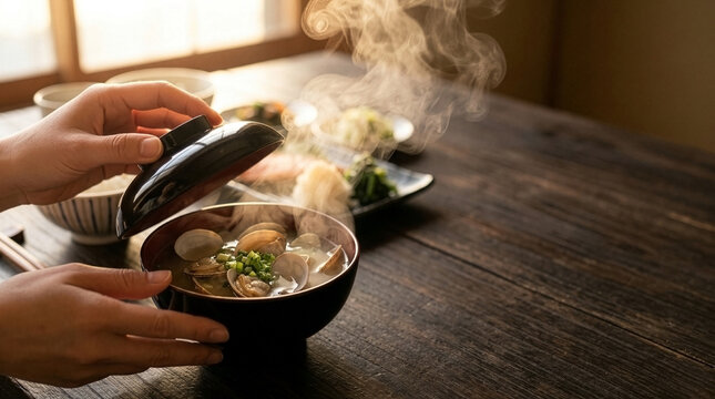 Hands lifting the lid of a black lacquer bowl to reveal steaming hot Japanese clam miso soup Asari-jiru in warm morning light.