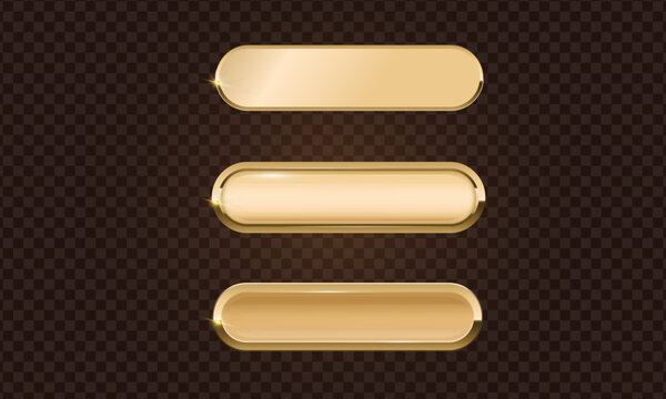 Gold button frame and glass 3d badge, Rectangular with rounded corners golden button icon on dark background, Premium signboard for web UI design.