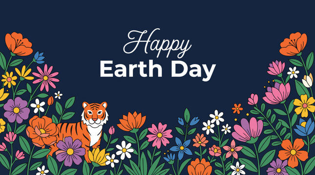 Happy Earth Day banner featuring a colorful floral border, playful tiger, and festive nature scene on a dark blue background.