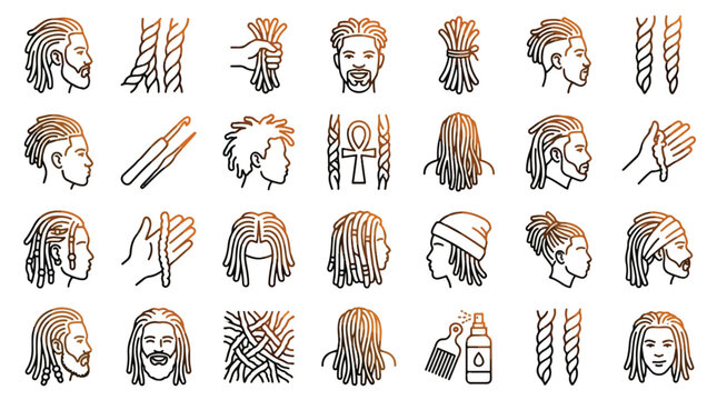 Dreadlocks Icons set in linear style. A collection of hair care linear icons, including locs, braids, styling tools, spray, comb, beads, ankh, men hairstyles, and more. Editable stroke.