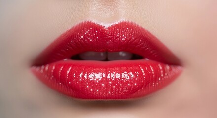 Obraz premium Glossy red lips close up, beauty makeup concept, sensual cosmetic look