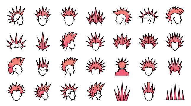 Punk Mohawk Hair Icons in Linear Style. A collection of punk subculture icons, including liberty spikes, mohican, rebel, hair fashion, head profile, youth, styling and more. Editable stroke.